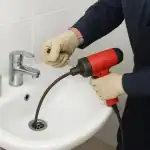 بازکن لوله مازندران, رفع انسداد لوله و چاه در مازندران با سرویس فوری و تخصصی, تصویر فرد در حال انجام لوله بازکنی در سرویس بهداشتی.