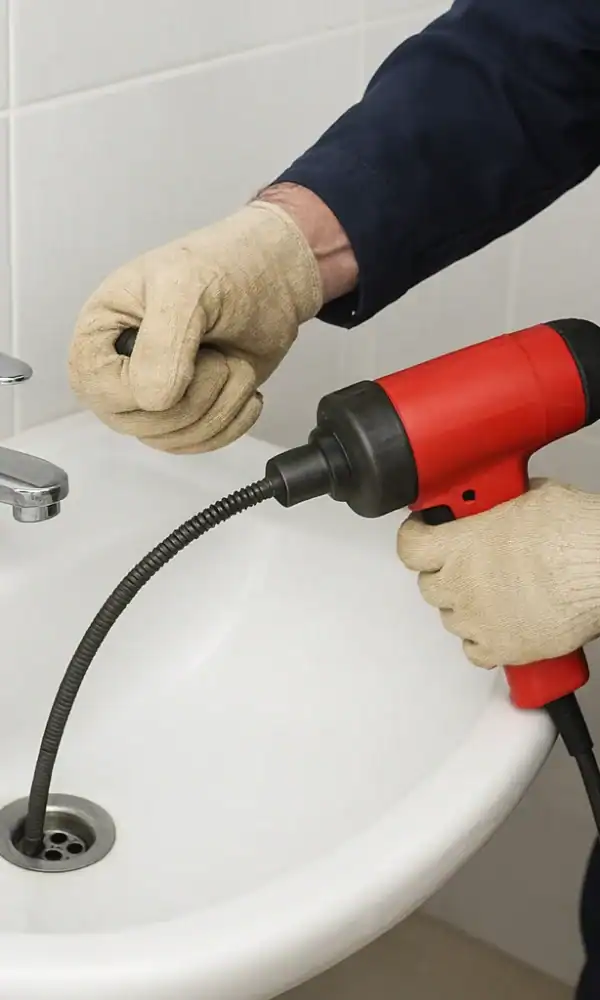 بازکن لوله مازندران, رفع انسداد لوله و چاه در مازندران با سرویس فوری و تخصصی, تصویر فرد در حال انجام لوله بازکنی در سرویس بهداشتی.