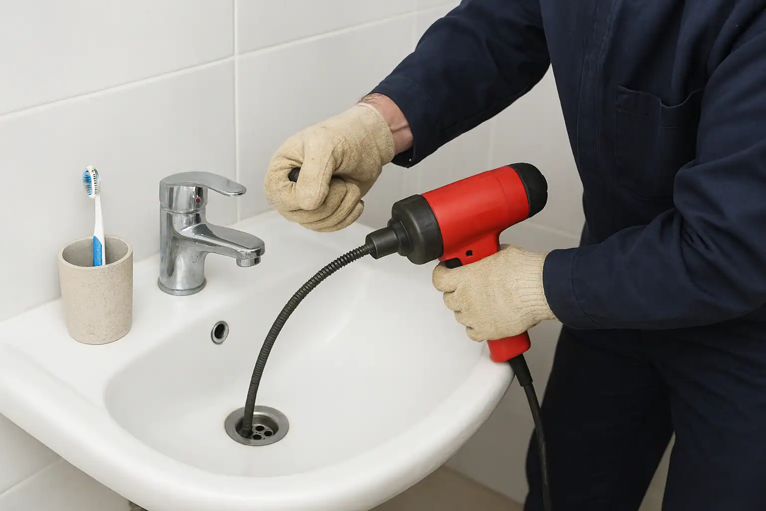 بازکن لوله مازندران, رفع انسداد لوله و چاه در مازندران با سرویس فوری و تخصصی, تصویر فرد در حال انجام لوله بازکنی در سرویس بهداشتی.