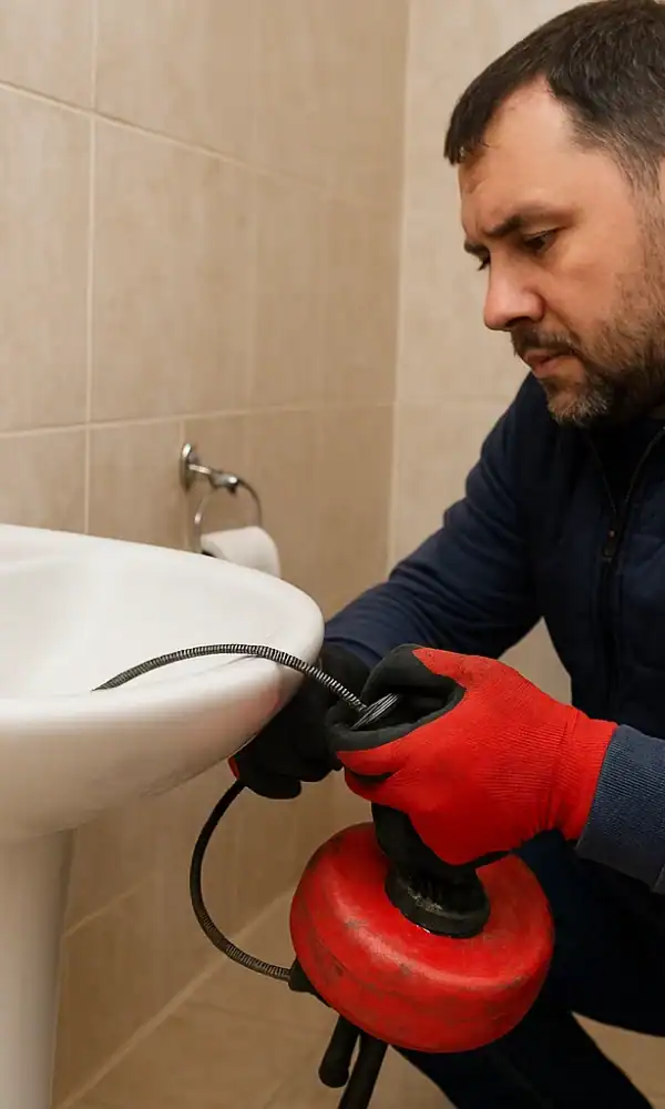 بازکننده لوله در حال کار در سرویس بهداشتی، خدمات لوله بازکنی در مازندران، رفع گرفتگی لوله فاضلاب توسط فنی مجرب.